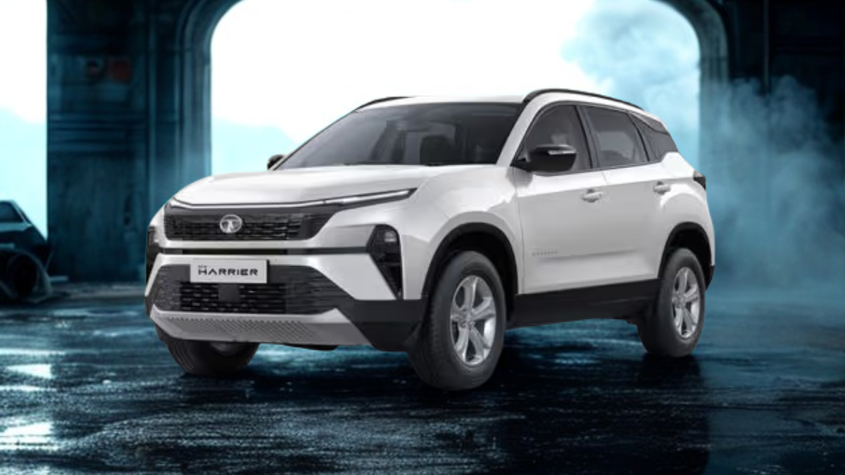 Tata Harrier Edition on rainy urban street with city light reflections and cyberpunk aesthetic under a bridge