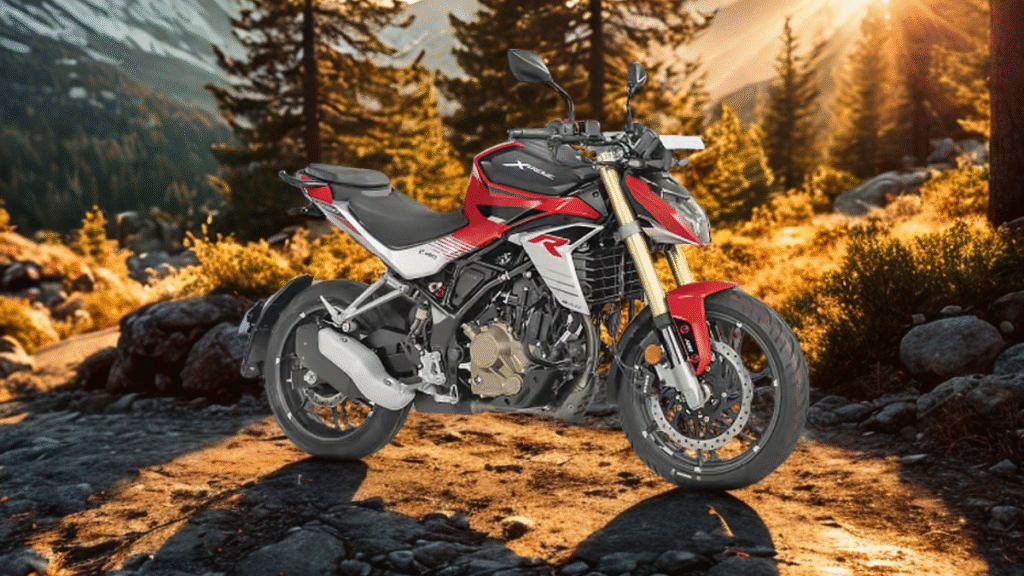 Hero Xtreme 250R in green and black color variant against a smoky gradient background, highlighting aerodynamic design and road-ready stance.