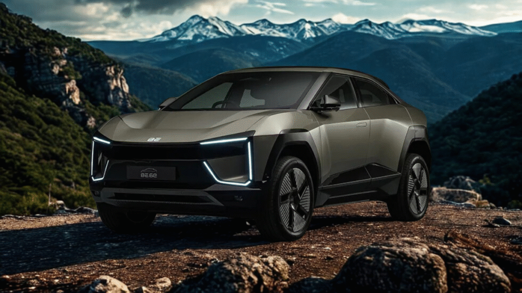 Mahindra BE6 Futuristic luxury electric SUV parked in an ultra-modern setting, featuring bold design, LED lighting, and premium aesthetics — symbolizing next-gen automotive innovation.