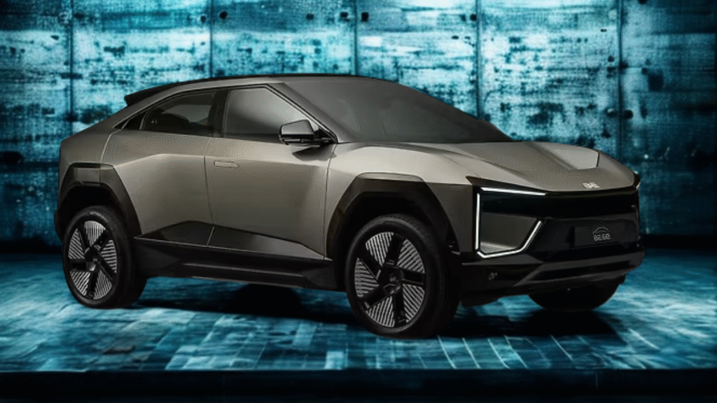 Mahindra BE6 Futuristic luxury electric SUV parked in an ultra-modern setting, featuring bold design, LED lighting, and premium aesthetics — symbolizing next-gen automotive innovation.