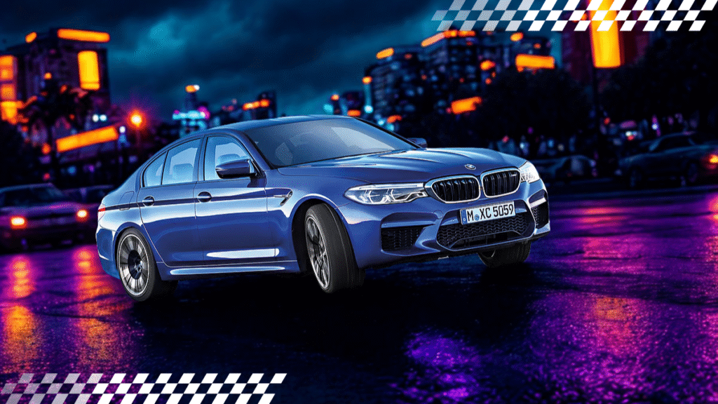2025 BMW M5 driving on an open road with a sleek white exterior and aggressive front design.
