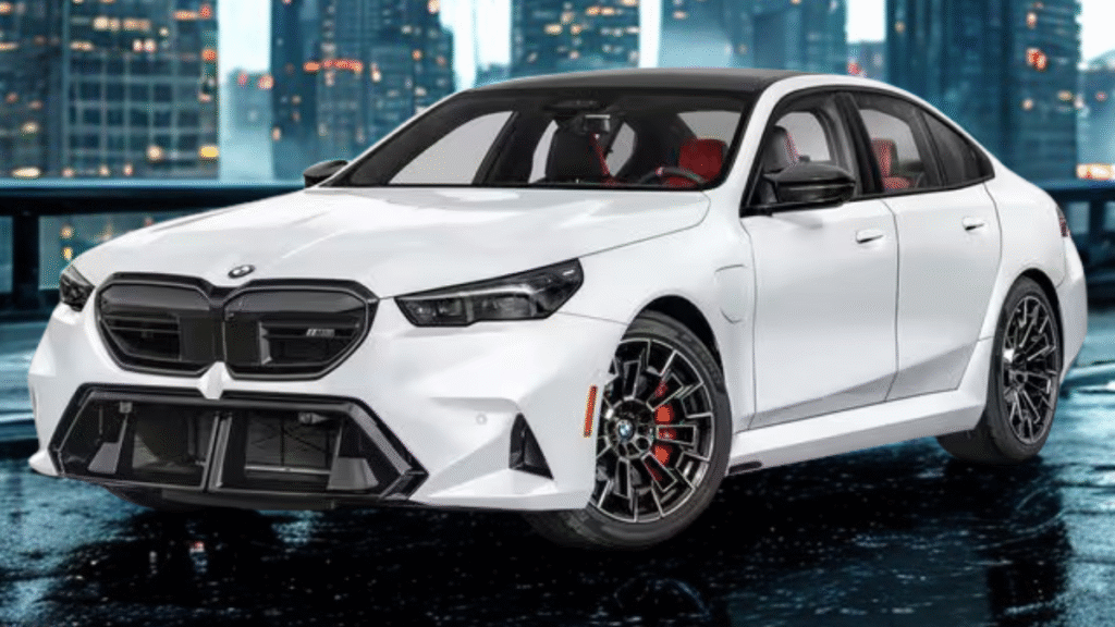 High-performance BMW M5 showcasing bold styling and hybrid power on a highway.