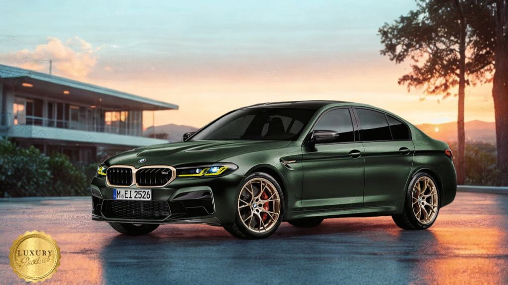 Luxury performance BMW M5 photographed at speed, blending technology and muscle.