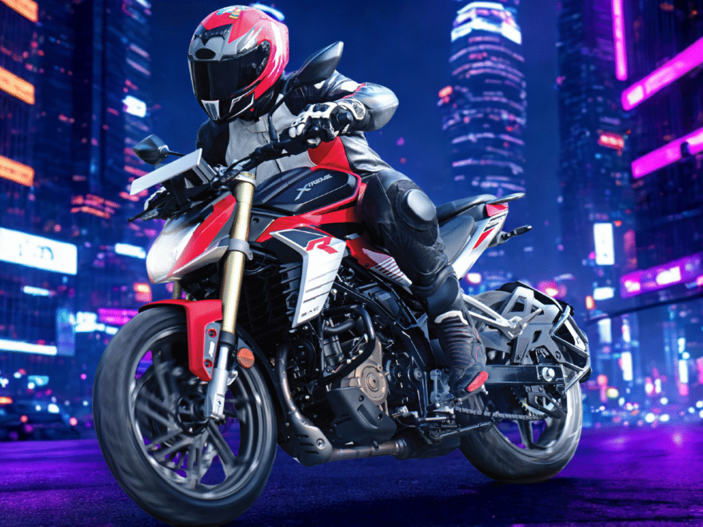 Hero Xtreme 250R motorcycle with rider in racing gear speeding through a modern city highway at night with skyline in the background.