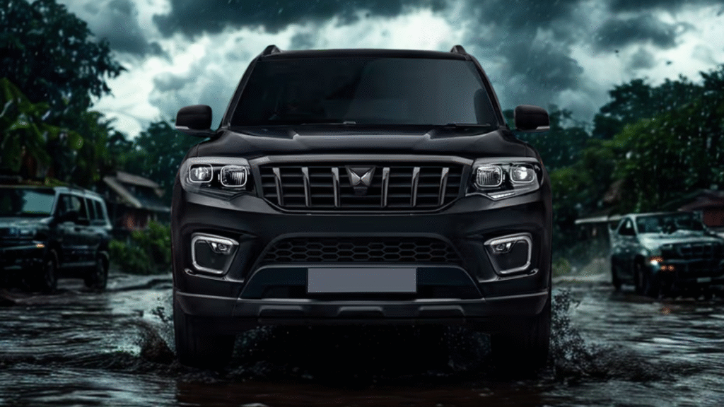 Mahindra Scorpio N splashing through muddy monsoon roads in a green village setting, captured mid-action under stormy clouds to depict strength in extreme weather.