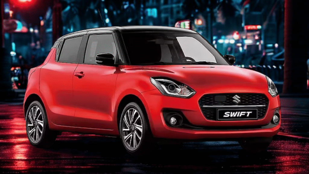 Maruti Swift petrol variant refueling at an Indian petrol station, showcasing fuel economy and pricing benefits