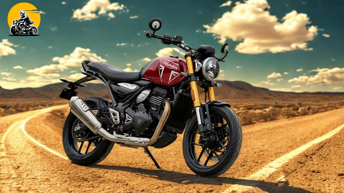 Triumph Speed 400 speeding on desert highway with heat waves and dramatic sky, symbolizing freedom and power
