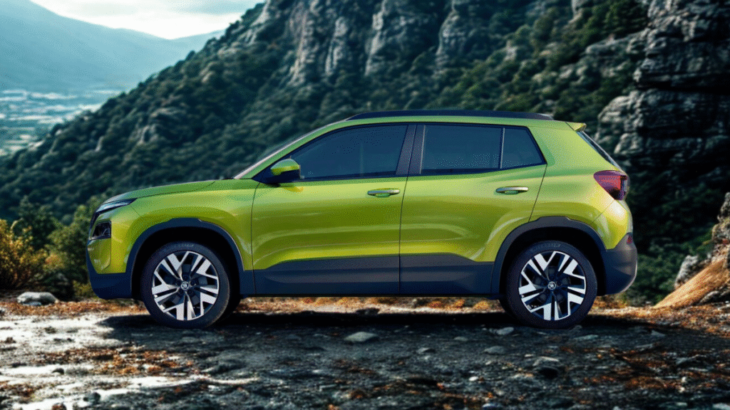 Side profile of the Skoda KylAQ SUV on Indian road terrain