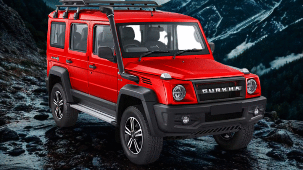 Front view of the Force Gurkha 5-Door showcasing its rugged grille and off-road stance