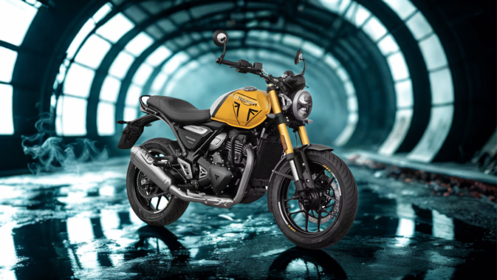 Triumph Speed 400 doing burnout in sci-fi tunnel with glowing lights, smoke, and high-energy futuristic background