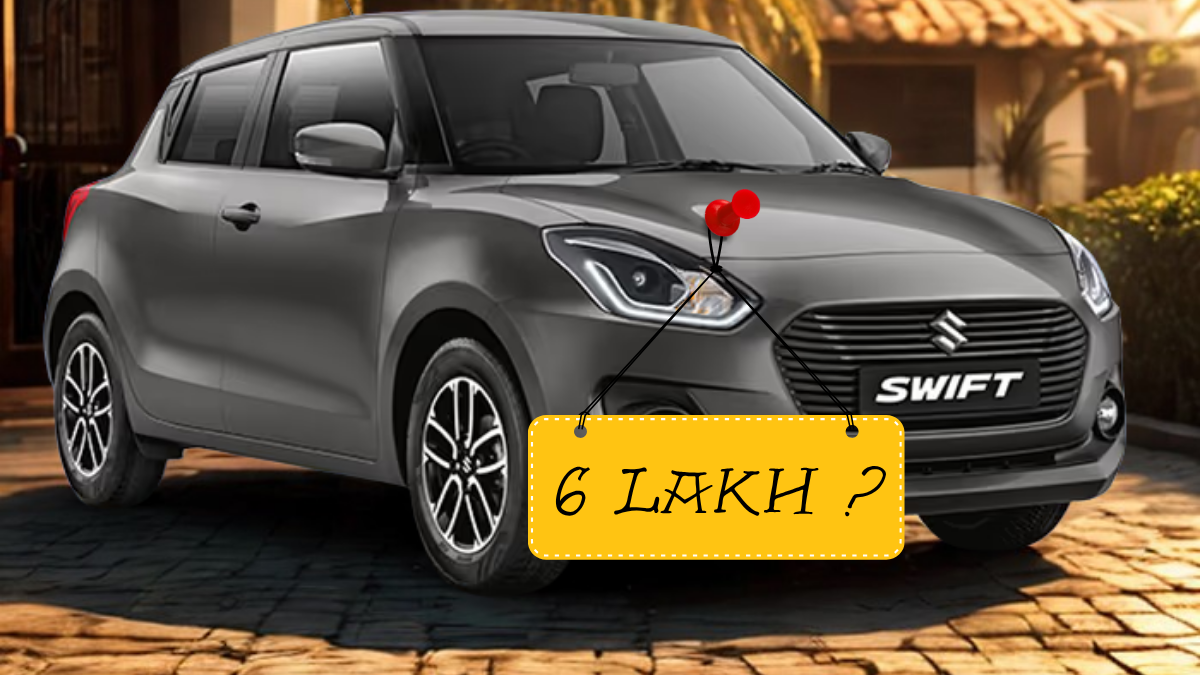 Brand new Maruti Suzuki Swift 2025 model in red, parked in Indian city with Rs 6 lakh price banner, front angle view