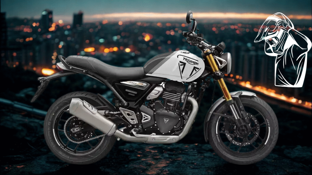 Triumph Speed 400 parked near cliff edge overlooking city skyline at dusk with rider gazing into the distance