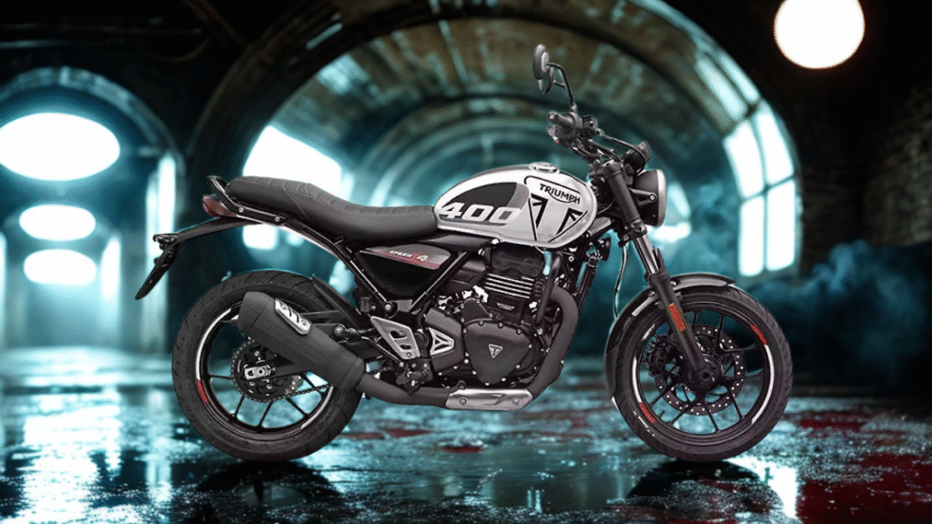 Triumph Speed 400 doing burnout in sci-fi tunnel with glowing lights, smoke, and high-energy futuristic background