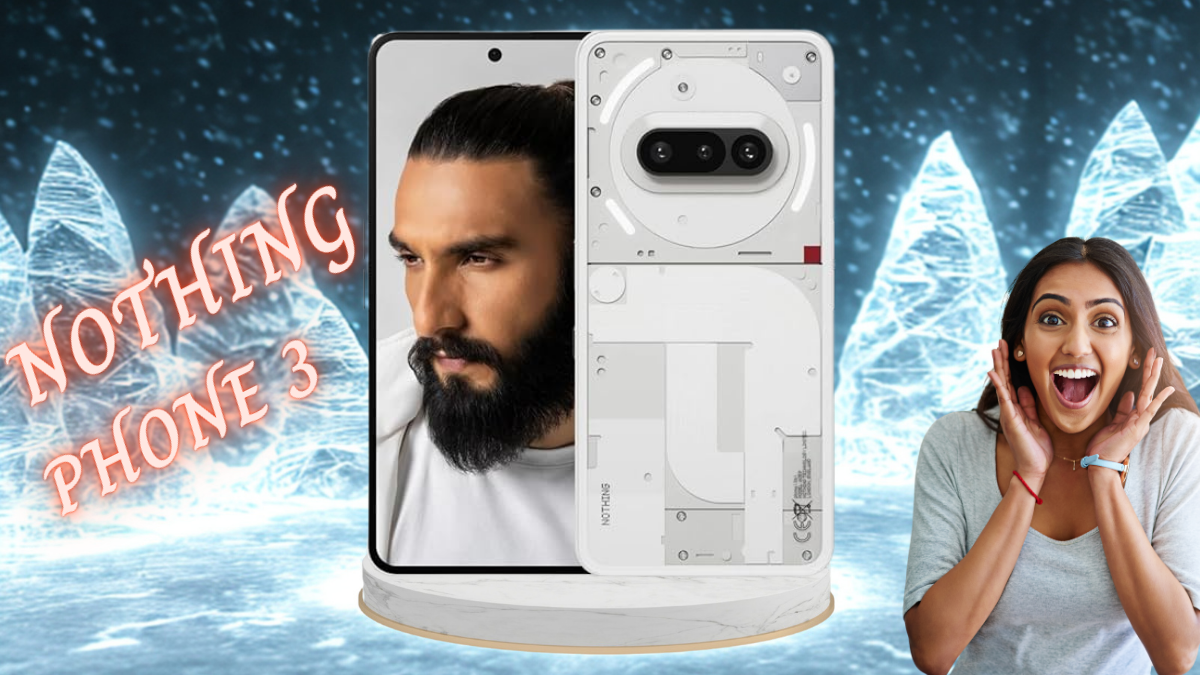 Ranveer Singh posing with the Nothing Phone 3, highlighting the transparent back, dual cameras, and signature glyph lights.