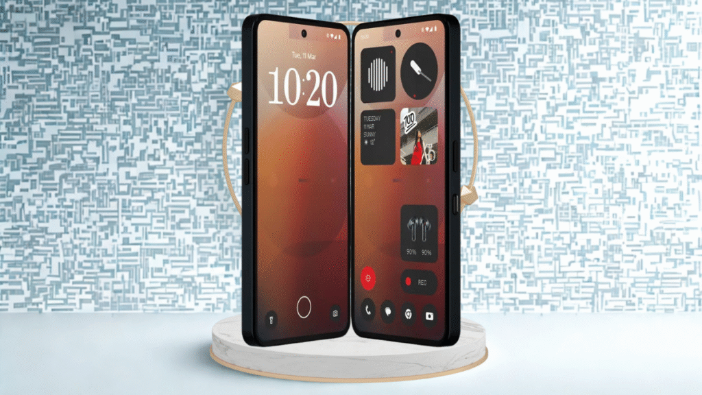Nothing Phone 3 lockscreen with bold digital clock display and sleek monochrome interface on a warm-toned background. Nothing Phone 3 homescreen showcasing minimalist widgets, earbuds battery status, and the brand's signature retro-futuristic UI.