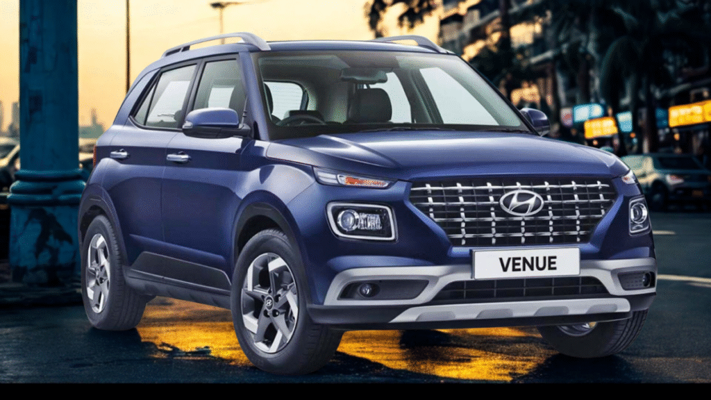 Hyundai Venue parked outside a trendy Mumbai café during golden hour, capturing a vibrant urban lifestyle.