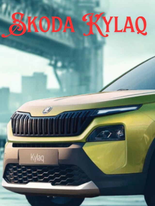 Front three-quarter view of Skoda KylAQ in Olive Gold at Mumbai launch event with crowd and stage lights.