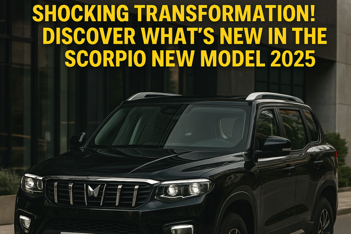 Front view of the Mahindra Scorpio new model 2025 showcasing its bold grille, LED headlights, and rugged SUV design in an urban setting.
