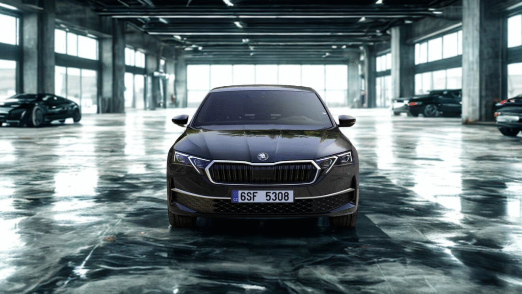 Front view of Skoda Octavia RS in motion on a scenic road – showcasing sporty design and LED matrix headlights