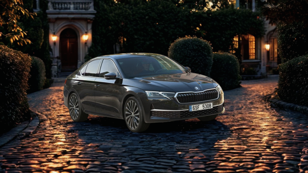Skoda Octavia RS side profile parked near modern architecture – highlighting aerodynamic body and alloy wheels