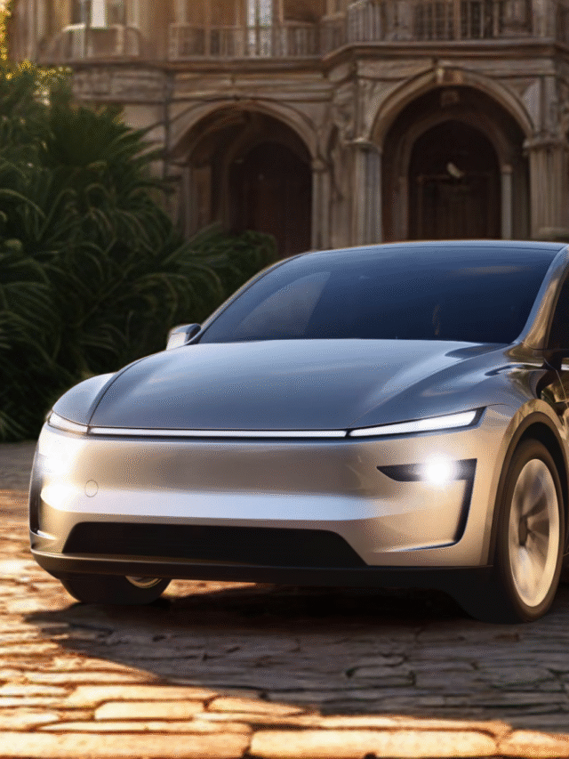 Tesla Model Y parked outside the new Mumbai showroom in a modern commercial area.