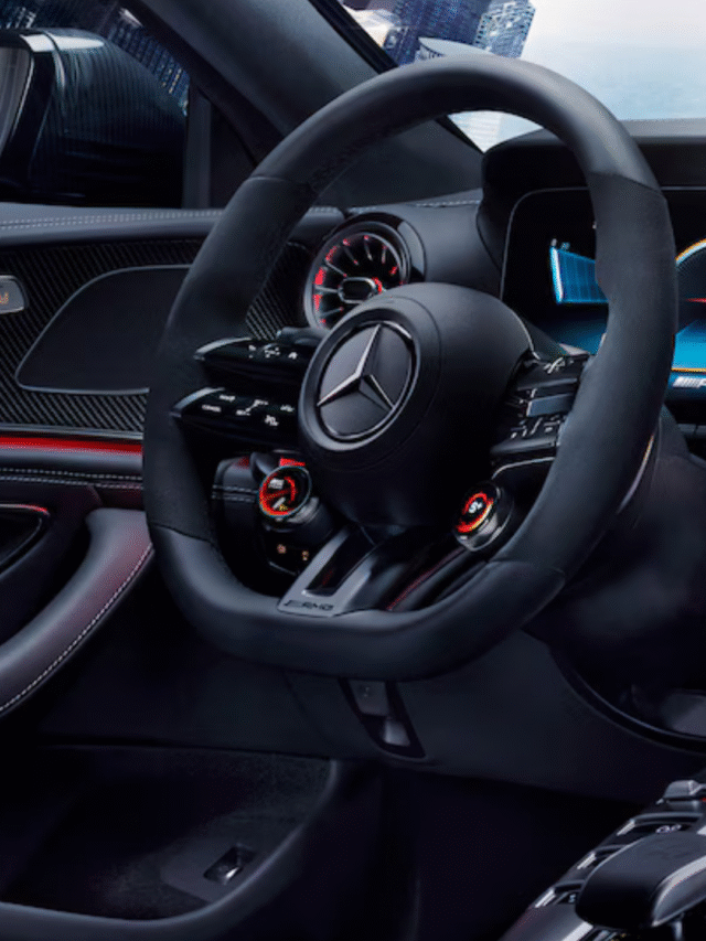 Mercedes-AMG GT 63 S E Performance with V8 hybrid power parked on scenic road